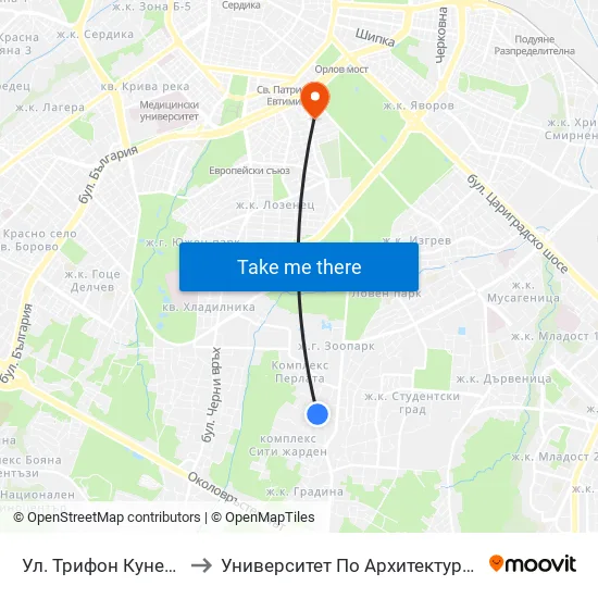 Ул. Трифон Кунев / Trifon Kunev St. to Университет По Архитектура, Строителство И Геодезия map