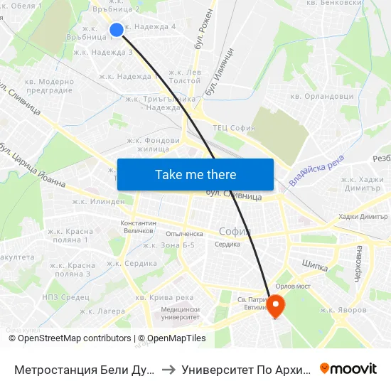 Ⓜ️ Метростанция Бели Дунав / Beli Dunav Metro Station (6707) to Университет По Архитектура, Строителство И Геодезия map