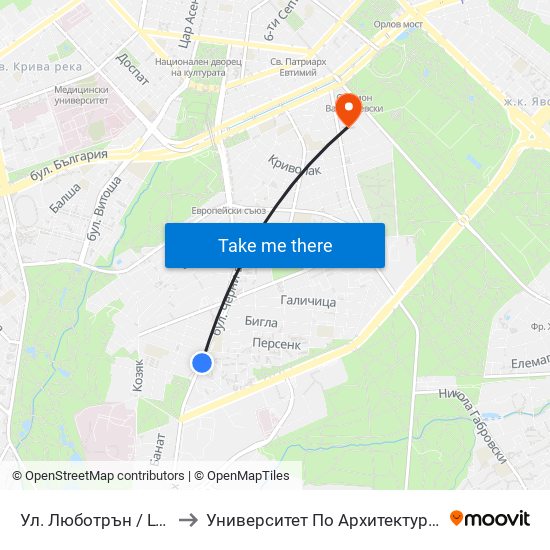 Ул. Люботрън / Lyubotran St. (2039) to Университет По Архитектура, Строителство И Геодезия map