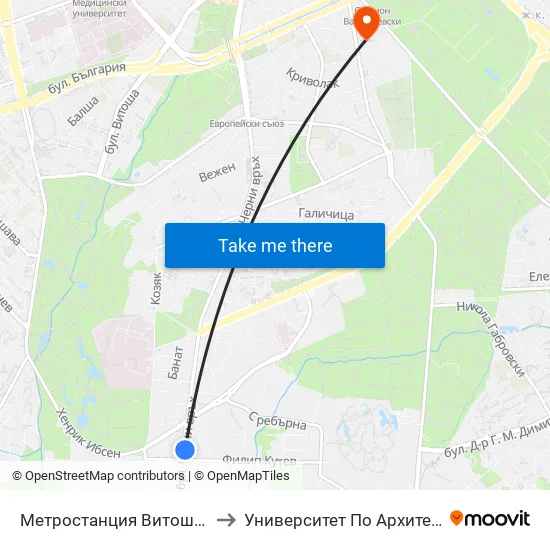 Ⓜ️ Метростанция Витоша / Vitosha Metro Station (2780) to Университет По Архитектура, Строителство И Геодезия map