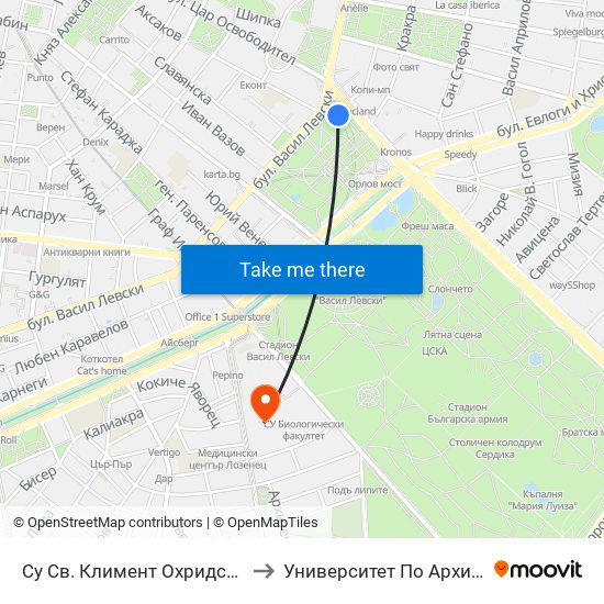 Су Св. Климент Охридски / Sofia University St. Kliment Ohridski to Университет По Архитектура, Строителство И Геодезия map