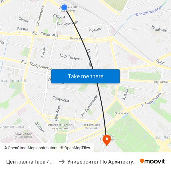 Централна Гара / Central Railway Station to Университет По Архитектура, Строителство И Геодезия map