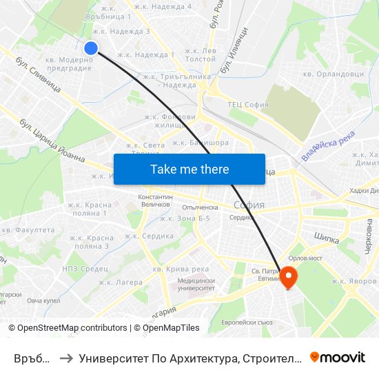 Връбница to Университет По Архитектура, Строителство И Геодезия map