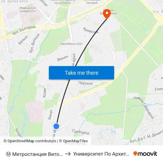 Ⓜ️ Метростанция Витоша / Vitosha Metro Station (0910) to Университет По Архитектура, Строителство И Геодезия map