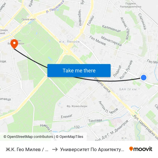 🚌 Ж.К. Гео Милев / Geo Milev Qr. (2595) to Университет По Архитектура, Строителство И Геодезия map