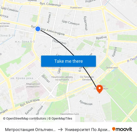 Ⓜ️ Метростанция Опълченска / Opalchenska Metro Station (6408) to Университет По Архитектура, Строителство И Геодезия map