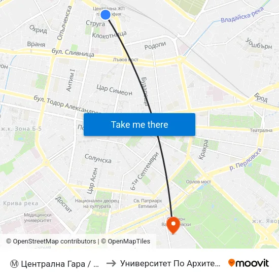 Ⓜ️ Централна Гара / Central Railway Station (1333) to Университет По Архитектура, Строителство И Геодезия map