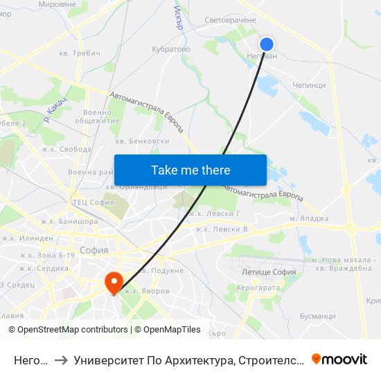 Негован to Университет По Архитектура, Строителство И Геодезия map