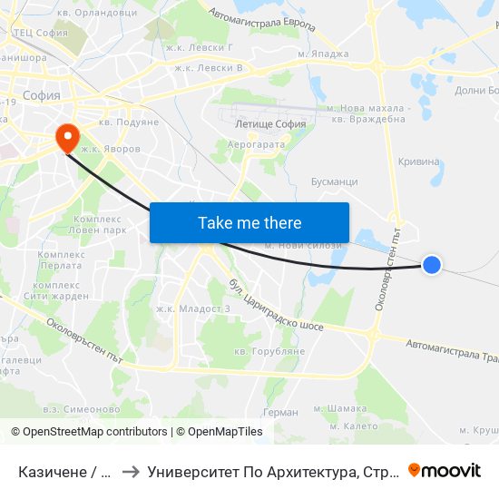 Казичене / Kazichene to Университет По Архитектура, Строителство И Геодезия map