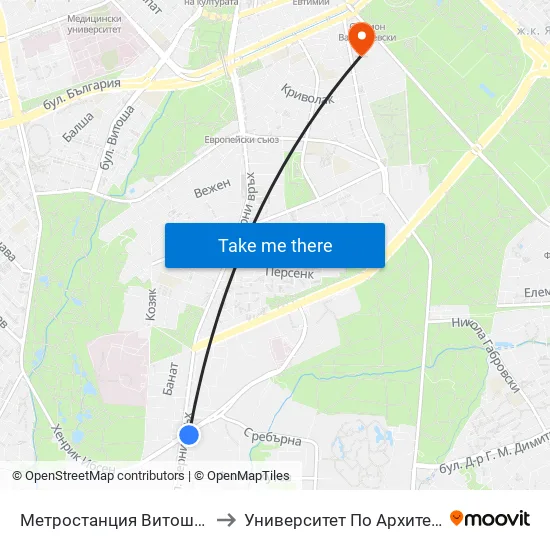 Ⓜ️ Метростанция Витоша / Vitosha Metro Station (0912) to Университет По Архитектура, Строителство И Геодезия map