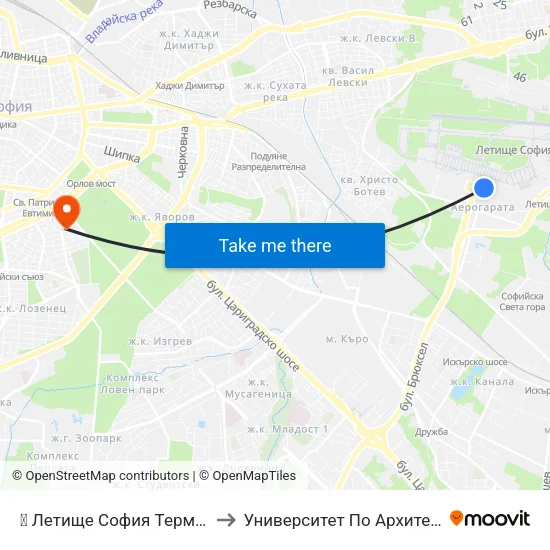 ✈️ Летище София Терминал 1 / Sofia Airport Terminal 1 to Университет По Архитектура, Строителство И Геодезия map