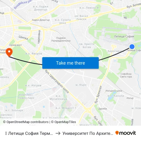 ✈️ Летище София Терминал 2 / Sofia Airport Terminal 2 to Университет По Архитектура, Строителство И Геодезия map