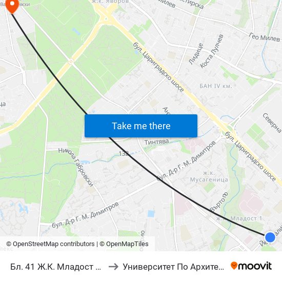 Бл. 41 Ж.К. Младост 1 / Bl. 41, Mladost 1 Qr. (0210) to Университет По Архитектура, Строителство И Геодезия map
