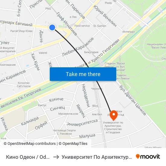 Ⓜ️ Кино Одеон / Odeon Cinema (0926) to Университет По Архитектура, Строителство И Геодезия map