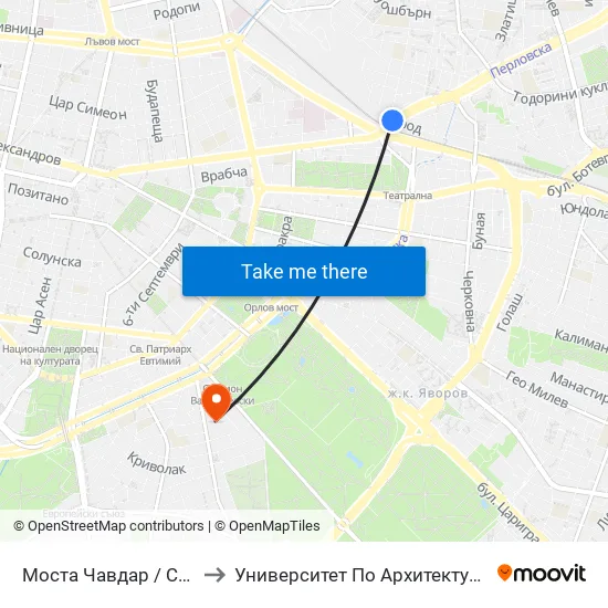 Моста Чавдар / Chavdar Bridge (1103) to Университет По Архитектура, Строителство И Геодезия map