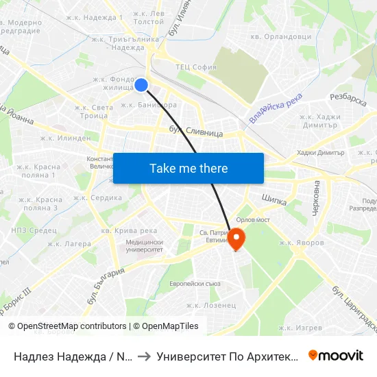 Надлез Надежда / Nadezhda Overpass (2116) to Университет По Архитектура, Строителство И Геодезия map