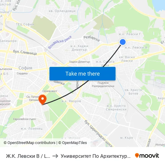 Ж.К. Левски В / Levski V Qr. (2125) to Университет По Архитектура, Строителство И Геодезия map