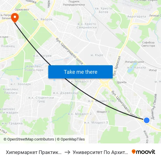 Хипермаркет Практикер / Praktiker Hypermarket (2409) to Университет По Архитектура, Строителство И Геодезия map