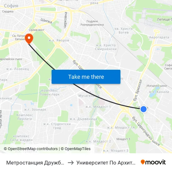 Ⓜ️ Метростанция Дружба / Druzhba Metro Station (2740) to Университет По Архитектура, Строителство И Геодезия map