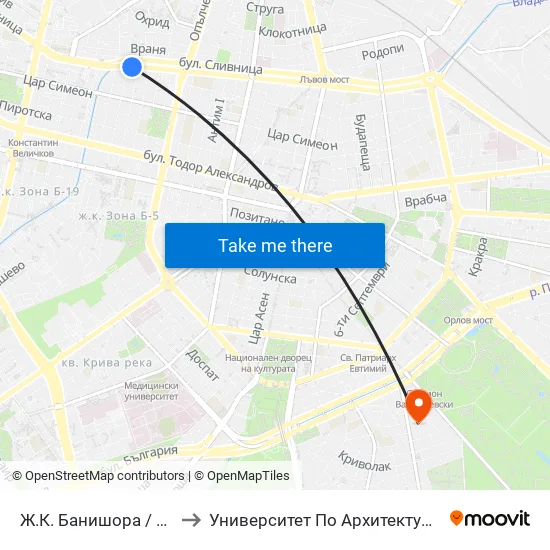 Ж.К. Банишора / Banishora Qr. (0804) to Университет По Архитектура, Строителство И Геодезия map