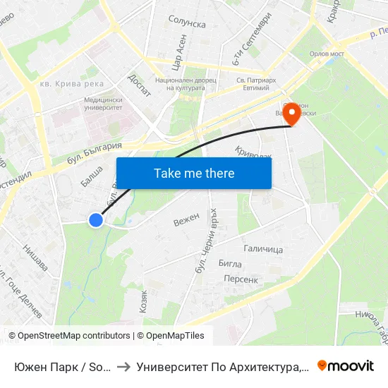 Южен Парк / South Park (2379) to Университет По Архитектура, Строителство И Геодезия map