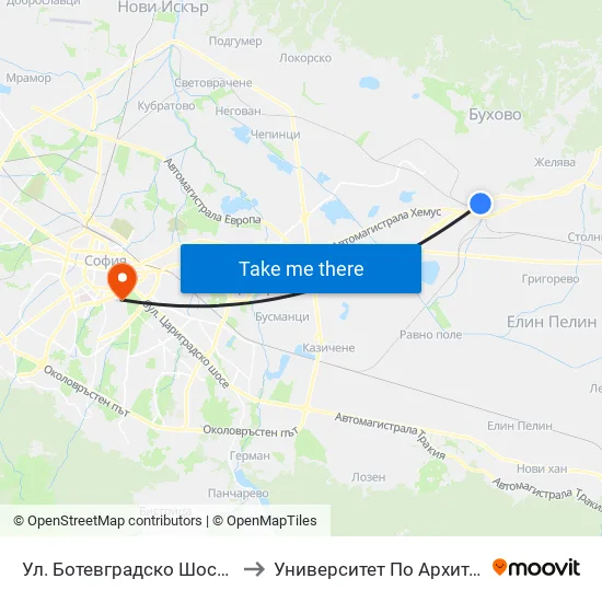 Ул. Ботевградско Шосе / Botevgradsko Shosse St. (2816) to Университет По Архитектура, Строителство И Геодезия map
