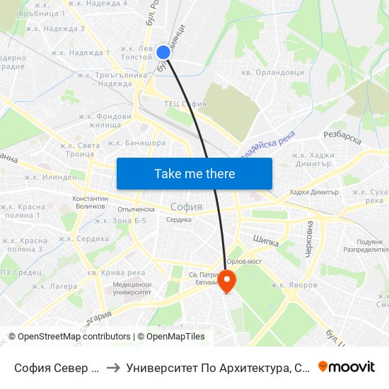 София Север / Sofia North to Университет По Архитектура, Строителство И Геодезия map