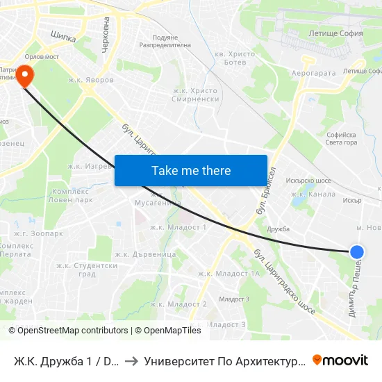 Ж.К. Дружба 1 / Druzhba 1 Qr. (0605) to Университет По Архитектура, Строителство И Геодезия map