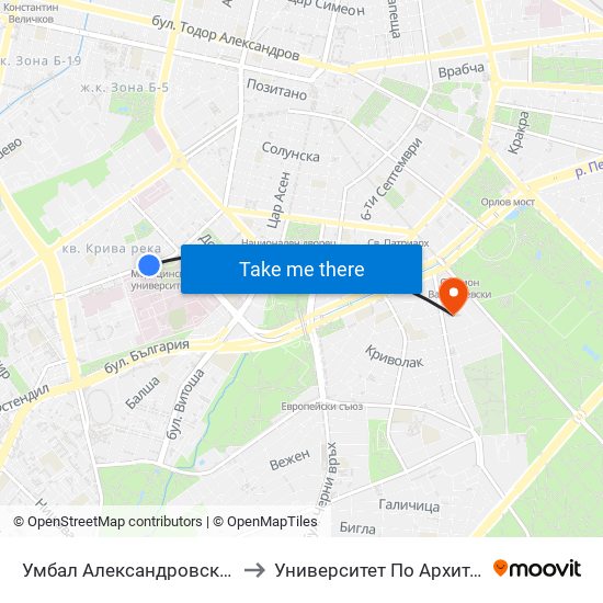 Умбал Александровска / Aleksandrovska Hospital (1034) to Университет По Архитектура, Строителство И Геодезия map