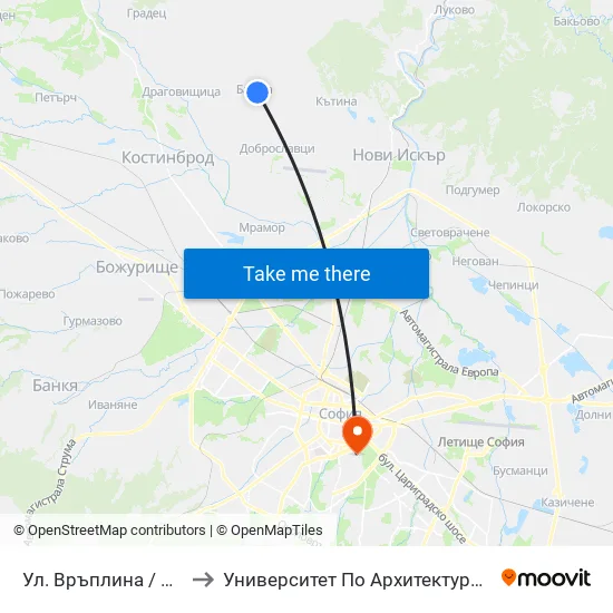 Ул. Връплина / Vraplina St. (2818) to Университет По Архитектура, Строителство И Геодезия map
