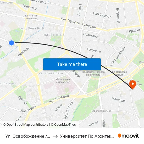 Ул. Освобождение / Osvobozhdenie St. (2098) to Университет По Архитектура, Строителство И Геодезия map