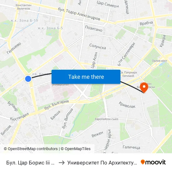 Бул. Цар Борис Ііі / Boris III Blvd. (0393) to Университет По Архитектура, Строителство И Геодезия map