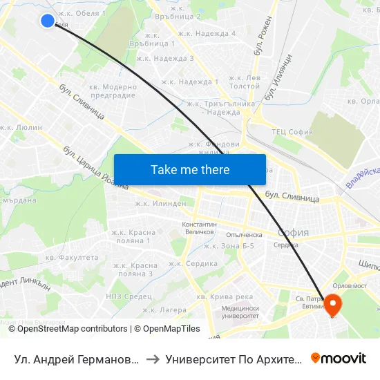 Ул. Андрей Германов / Andrey Germanov St. (2562) to Университет По Архитектура, Строителство И Геодезия map