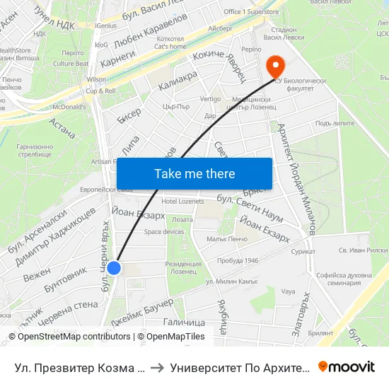 Ул. Презвитер Козма / Cosmas the Priest St. (6615) to Университет По Архитектура, Строителство И Геодезия map