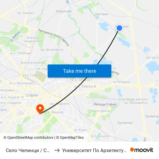 Село Чепинци / Chepintsi Village (6166) to Университет По Архитектура, Строителство И Геодезия map