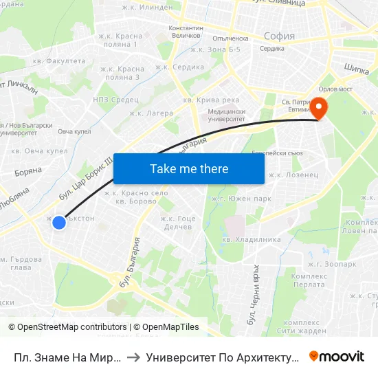 Пл. Знаме На Мира / Flag Of Peace Sq. to Университет По Архитектура, Строителство И Геодезия map