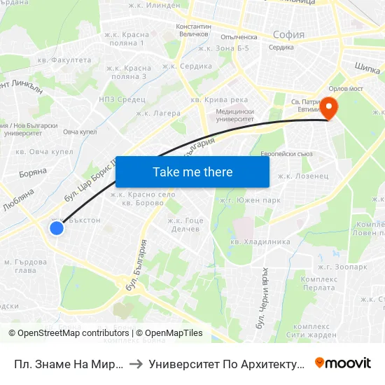 Пл. Знаме На Мира / Flag Of Peace Sq. to Университет По Архитектура, Строителство И Геодезия map