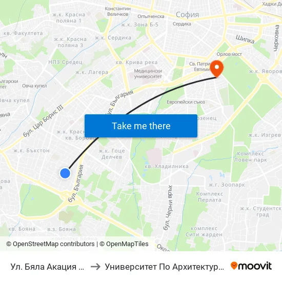 Ул. Бяла Акация / Byala Akatsiya St. to Университет По Архитектура, Строителство И Геодезия map