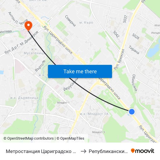 Метростанция Цариградско Шосе / Tsarigradsko Shosse Metro Station (1016) to Републикански Неврологичен Диспансер map