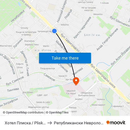 Хотел Плиска / Pliska Hotel (2326) to Републикански Неврологичен Диспансер map