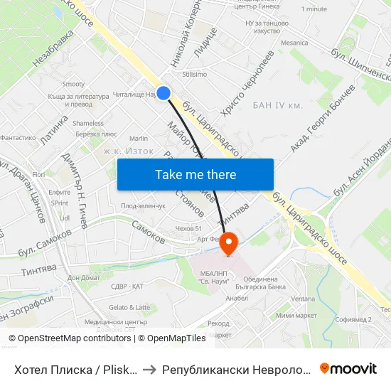 Хотел Плиска / Pliska Hotel (2326) to Републикански Неврологичен Диспансер map