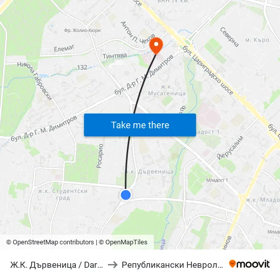 Ж.К. Дървеница / Darvenitsa Qr. (1012) to Републикански Неврологичен Диспансер map