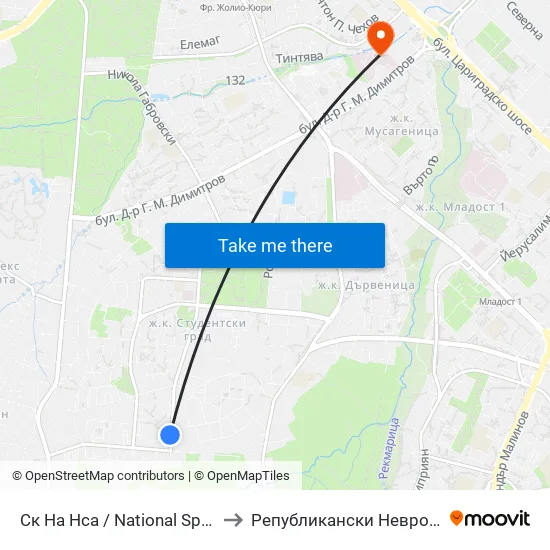 Ск На Нса / National Sports Academy (1609) to Републикански Неврологичен Диспансер map
