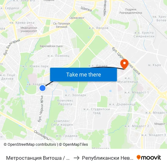 Ⓜ️ Метростанция Витоша / Vitosha Metro Station (2654) to Републикански Неврологичен Диспансер map