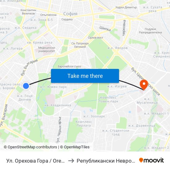 Ул. Орехова Гора / Orehova Gora St. (2089) to Републикански Неврологичен Диспансер map