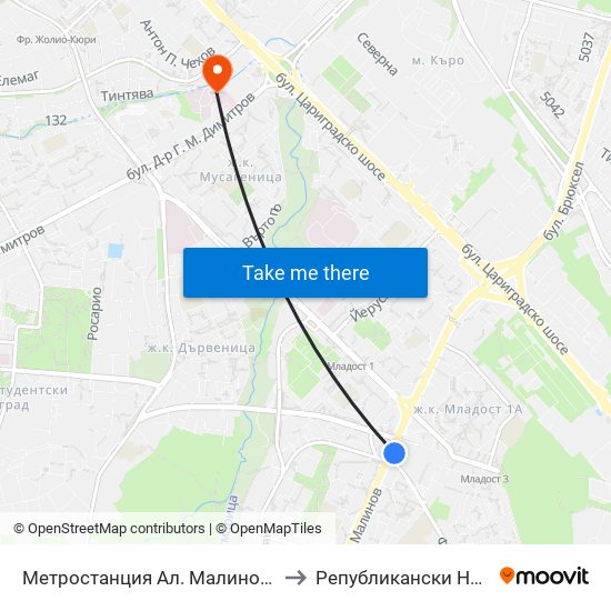 Метростанция Ал. Малинов / Al. Malinov Metro Station (0170) to Републикански Неврологичен Диспансер map