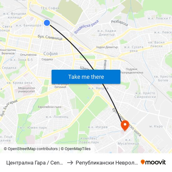 Централна Гара / Central Railway Station to Републикански Неврологичен Диспансер map