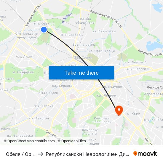 Обеля / Obelya to Републикански Неврологичен Диспансер map