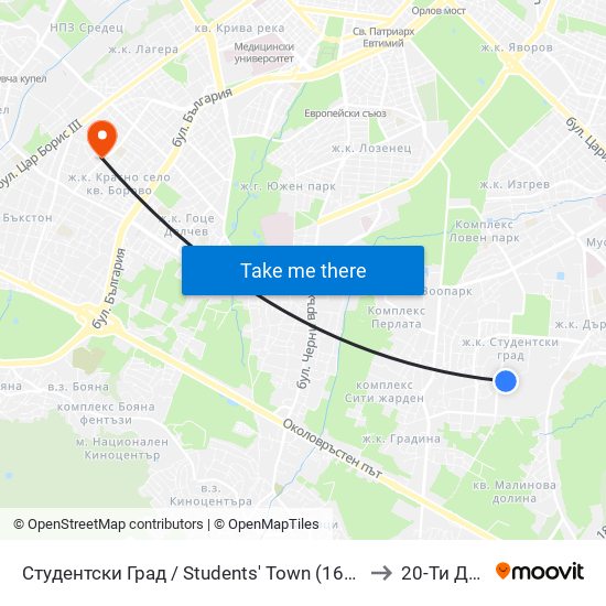 Студентски Град / Students' Town (1693) to 20-Ти Дкц map