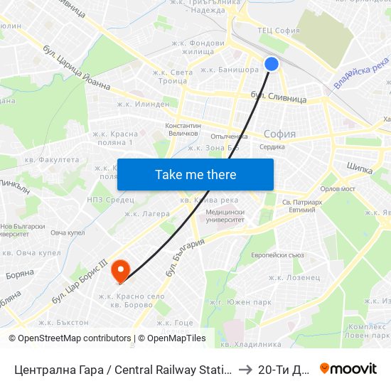 Централна Гара / Central Railway Station to 20-Ти Дкц map